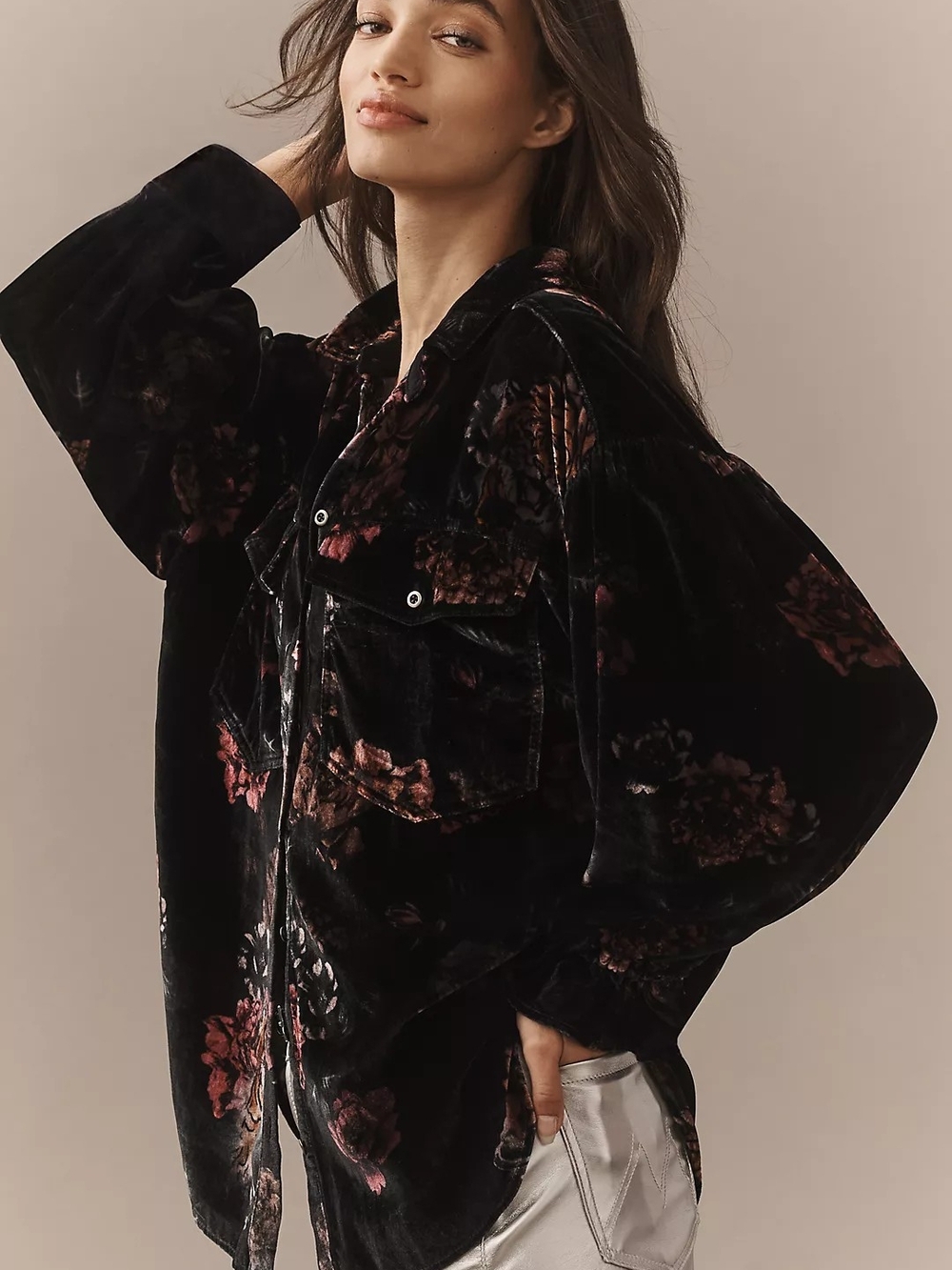 Pilcro Anthropologie Velvet Floral Button-Up Shirt - Black Floral